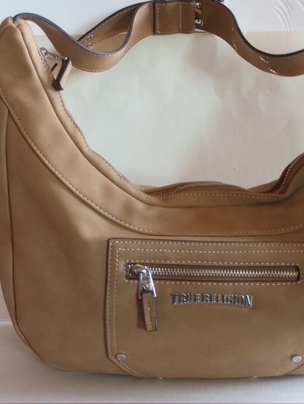 True Religion  Sued Tan Shoulder Hobo Bag